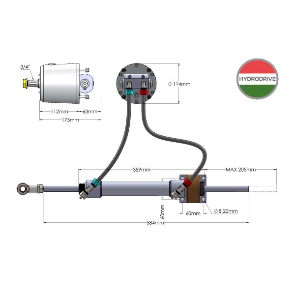 Hydrodrive Dirección hidráulica MU75-TF MRA (anti-feedback) para motores intraborda (45 nudos)
